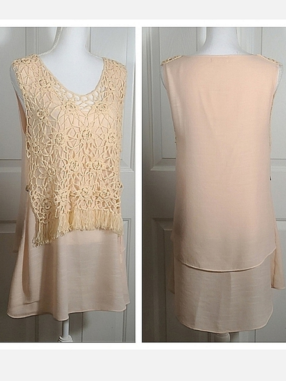 NWT A'reve Sleeveless Light Peach Top Cream Floral Crocheted Overlay & Fringe